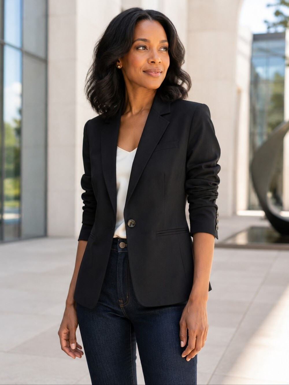 Cinq à Sept Khloe Black Cotton Twill Ruched Sleeve Blazer Size 8